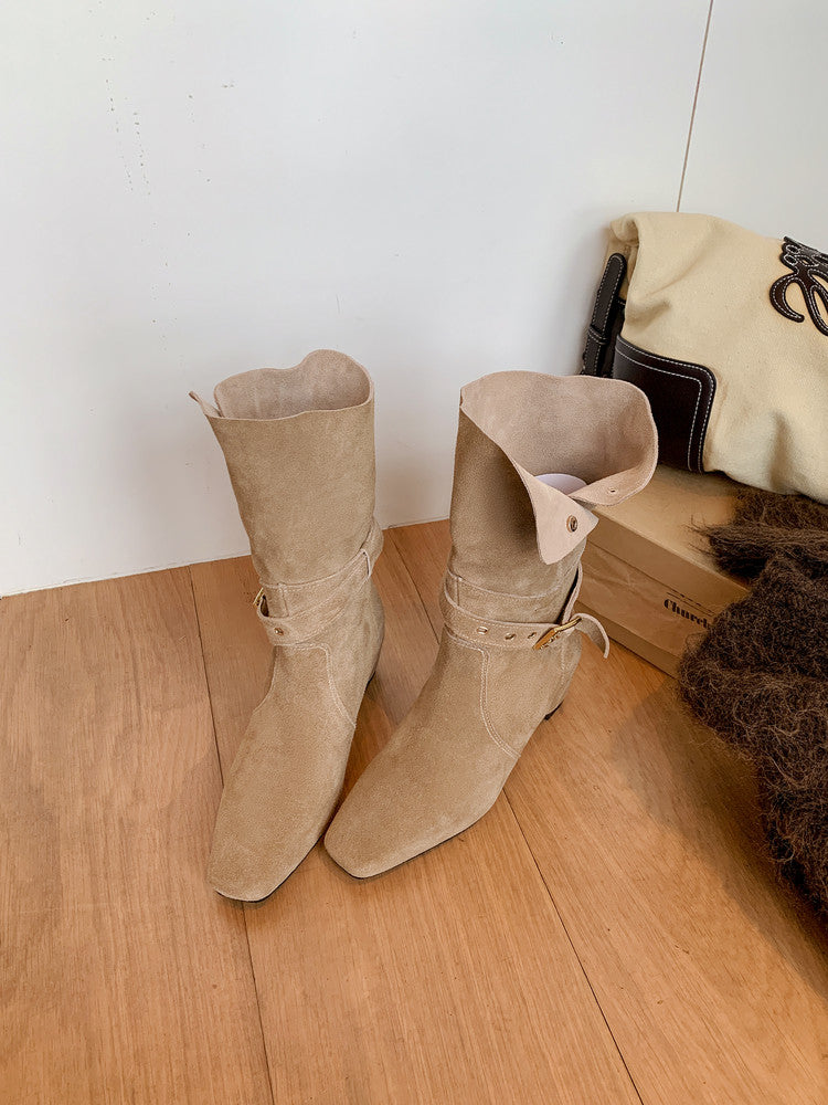 Karin Luna Foldable Belt Buckle Square Toe Hidden Wedge Short Boots