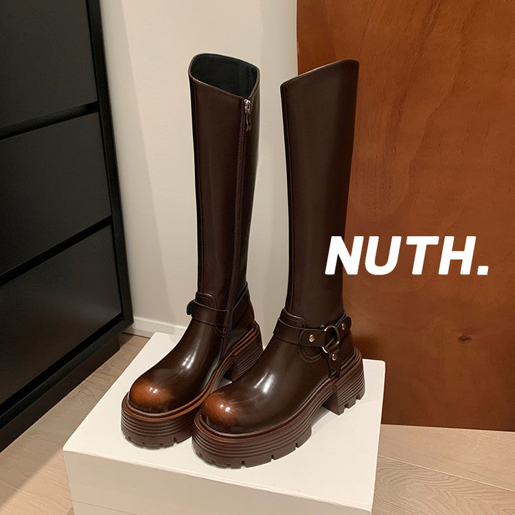 Karin Luna In Stock Spot Goods Round Toe Thick Sole Belt Buckle Straight Long Boots