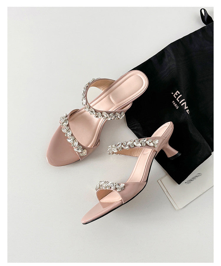 Karin Luna Exquisite Round Toe One-Strap Rhinestone Thin Heel Slippers