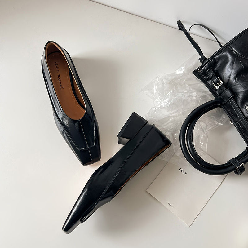 Karin Luna In Stock Spot Goods  Retro Full Leather Square Toe Shallow Mouth Single Shoes