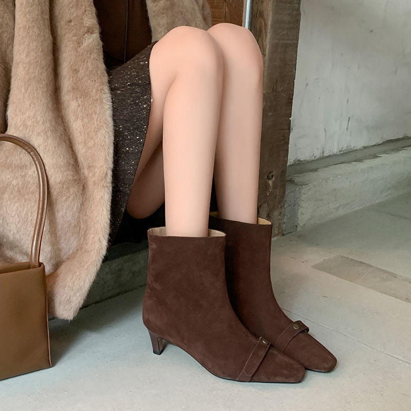 Karin Luna Elegant Style Small Square Toe Belt Buckle Thin Heel Short Boots