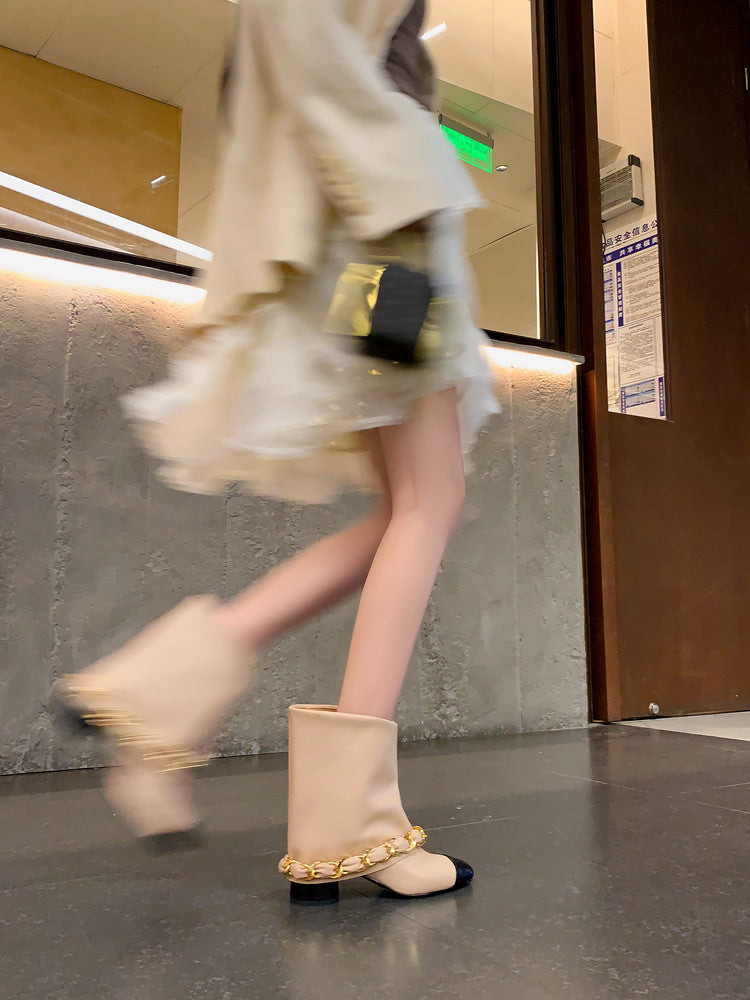 Karin Luna Classic Style Fragrant Family Style Chunky Heel Chain Ankle Boots