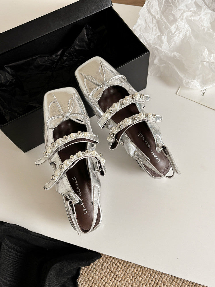 Karin Luna In Stock In Stock  Square Toe Bowknot Pearl Strap Closed-Toe Sandals