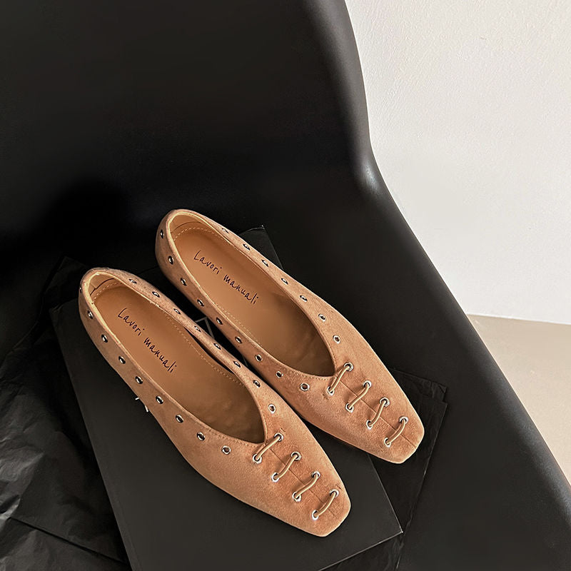 Karin Luna In Stock Spot Goods    Old Money Style Square Toe Suede Flats