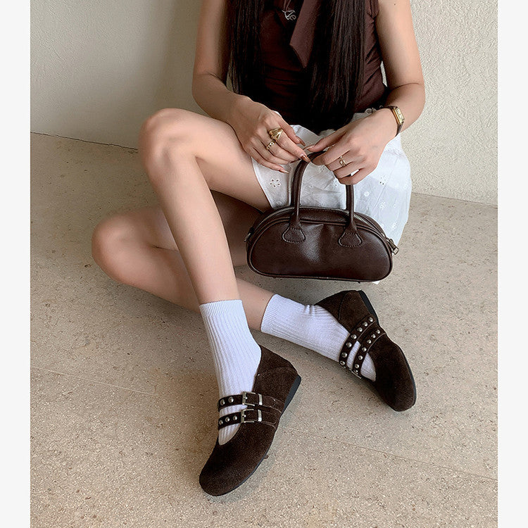 Karin Luna Hot Item Hot Item Punk Style One-Strap Round-Toe Suede Leather Height-Increasing Flats