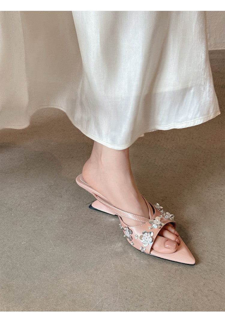 Karin Luna Bestseller Sequin Elements Elegant Pointed Toe Irregular Heel Slippers