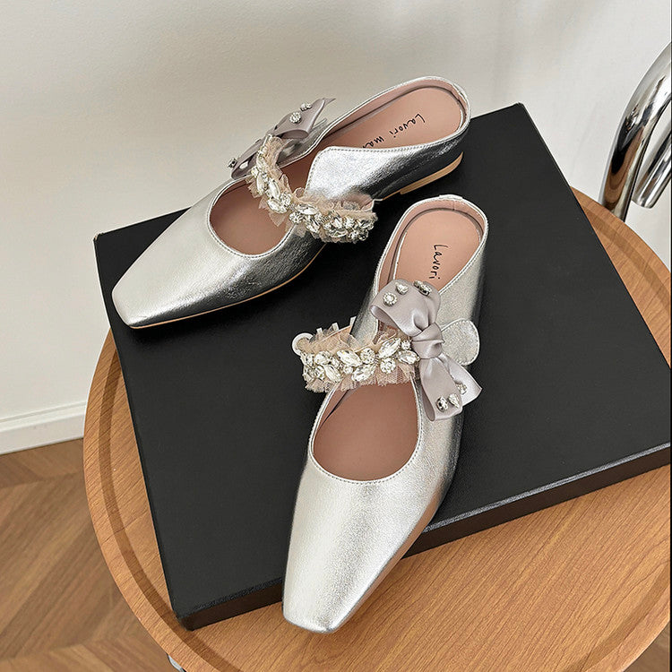 Karin Luna Handmade One-Strap Rhinestone Ribbon Square-Toe Mules