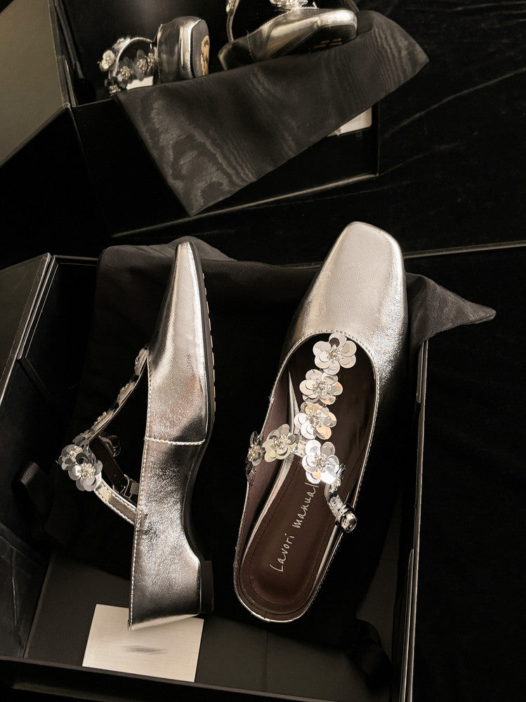 Karin Luna In Stock Spot Goods  T Handmade Sequin Flower Square Toe Height-Increasing Closed-Toe Slippers