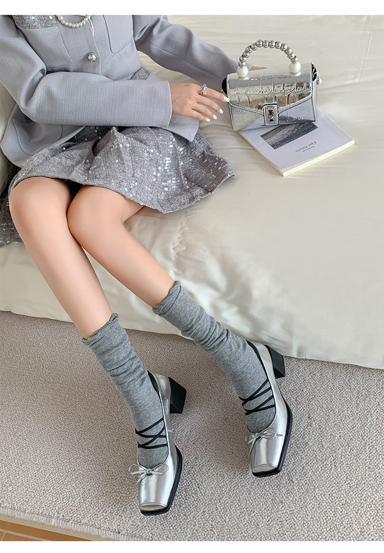 Karin Luna In Stock Spot Goods  Popular Self-flowing Bowknot Square Toe Chunky Heel Single Shoes