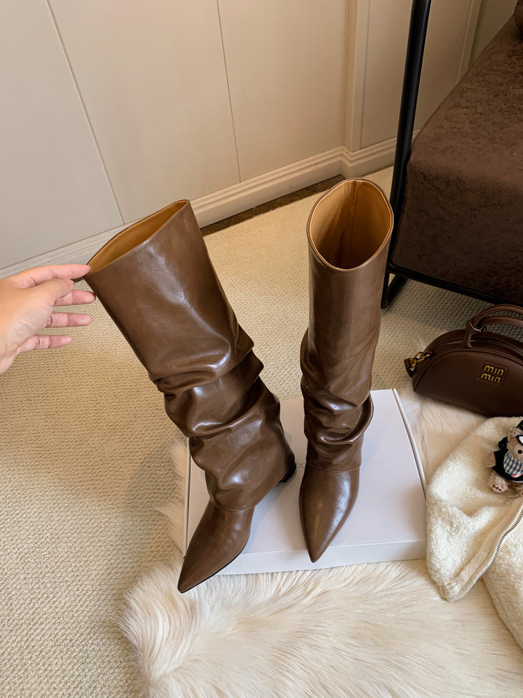Karin Luna Elegant Style Pointed Toe Hidden Wedge Long Boots