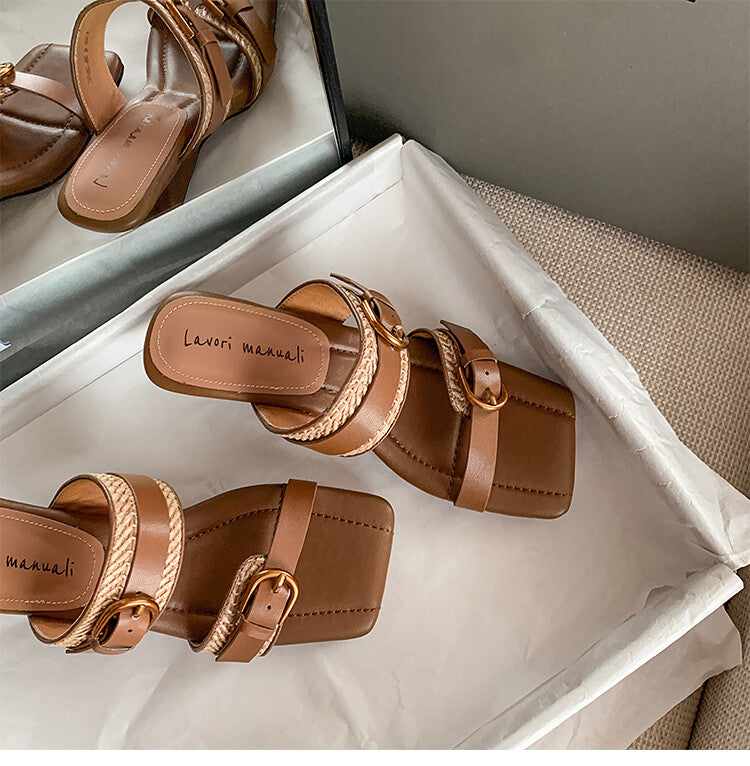 Karin Luna Hot-Selling In Stock  Retro Wedge Belt Square Toe Irregular Heel