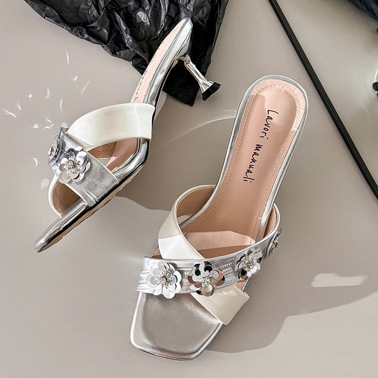 Karin Luna In Stock Spot Goods  Sequin Floral Cross Strap Square Toe Stiletto Slippers