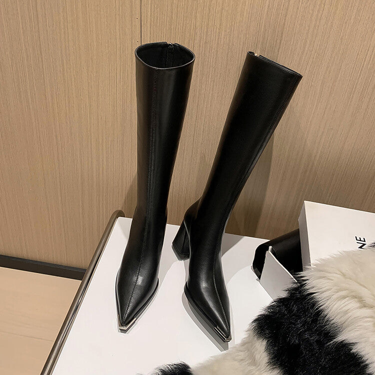 Karin Luna In Stock  In Stock Elegant Metal Pointed Toe Chunky Heel Full Cowhide Leather Riding Boots