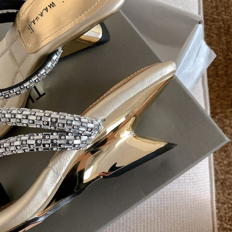 Karin Luna In Stock Spot Goods  Rhinestone One-Strap Irregular Heel Square-Toe Slippers