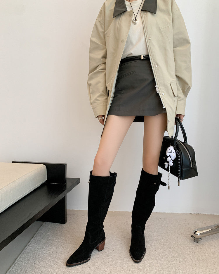 Karin Luna In Stock Spot Goods Retro Cowhide Leather Chunky Heel Suede Long Boots