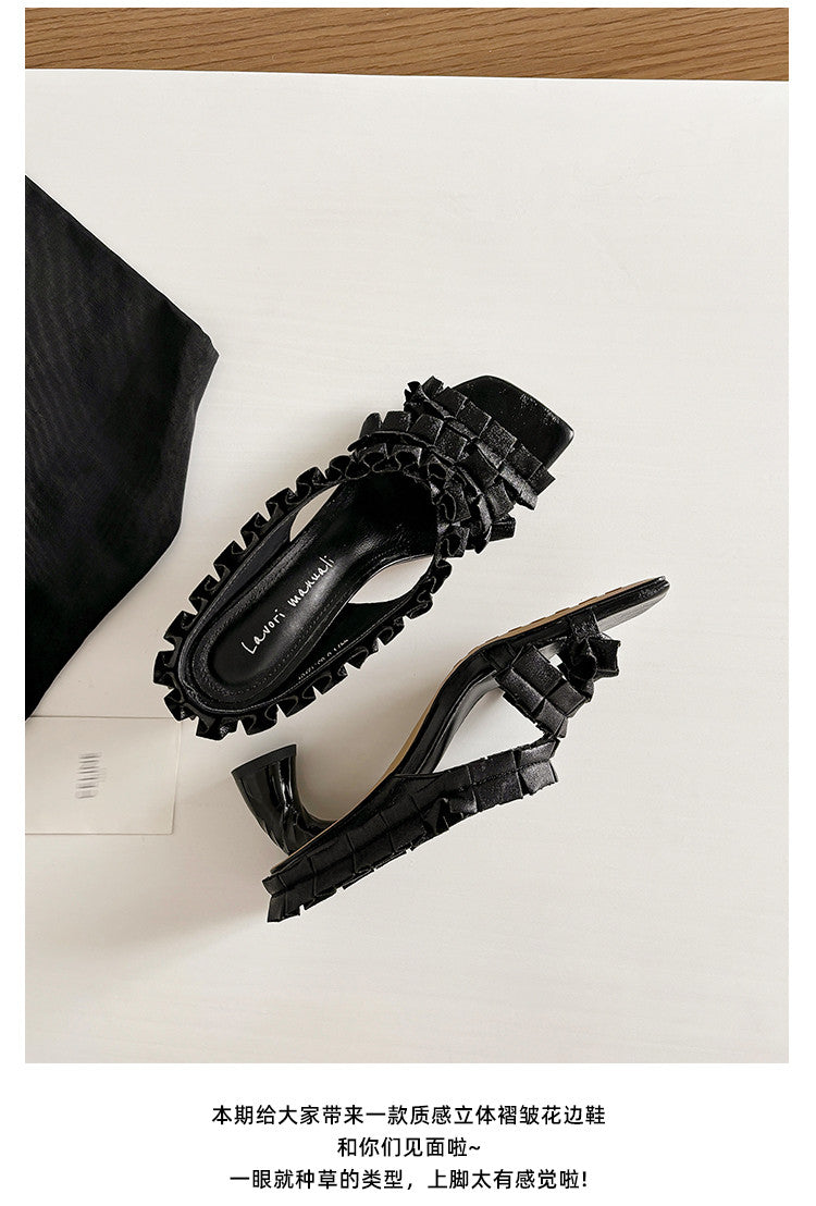 Karin Luna In Stock  Spot Goods  Unique Square-Toe Pleated Lace Sandals