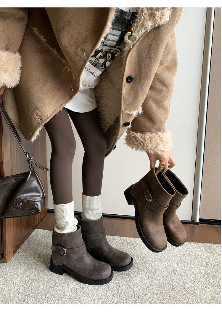 Karin Luna In Stock Spot Goods Versatile Basic Round Toe Belt Buckle Thick Sole Tube Boots