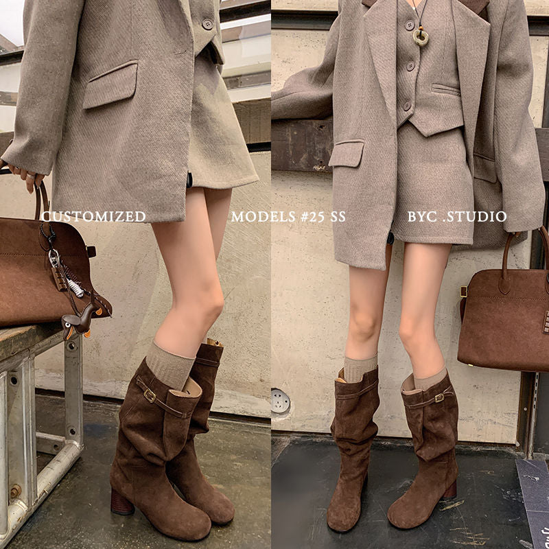 Karin Luna In Stock In Stock Mango Head Large Tube Belt Buckle Chunky Heel Long Boots