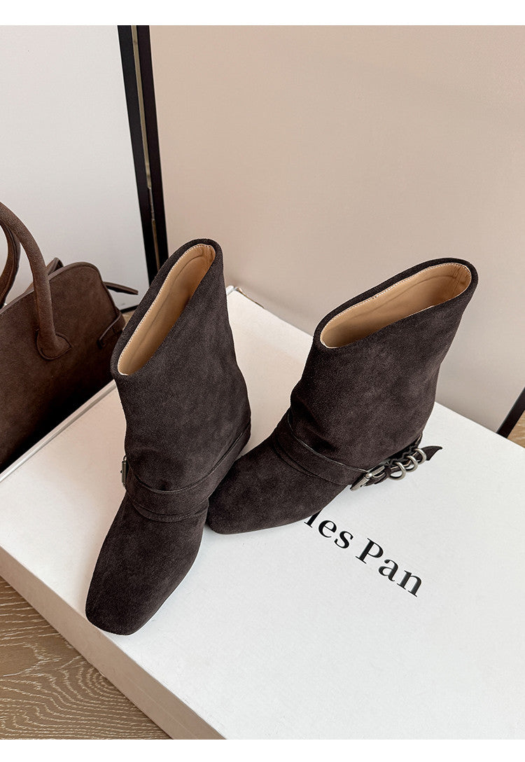 Karin Luna Data Hot Item Square Toe Hidden Wedge Belt Buckle Suede Ankle Boots