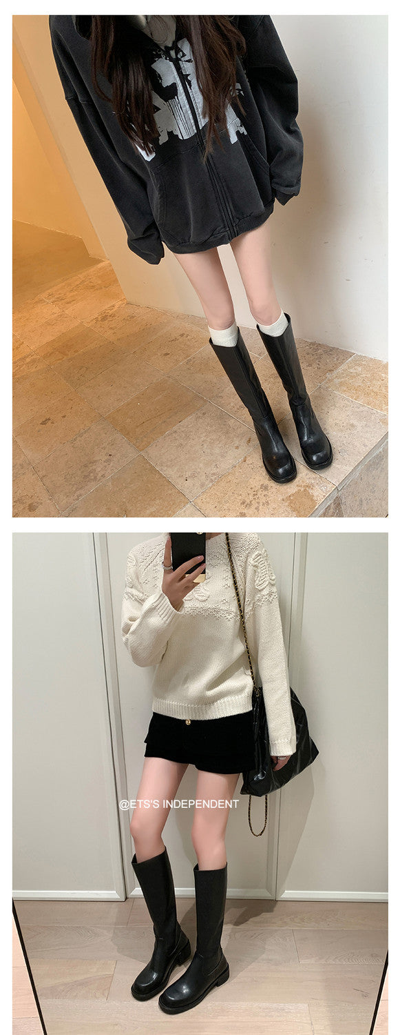 Karin Luna Basic Versatile Style Round Toe Chunky Heel Long Boots