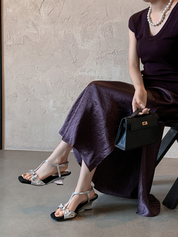 Karin Luna Hot-Selling Sequin Floral Series ~  Square Toe Irregular Heel Square Toe Sandals