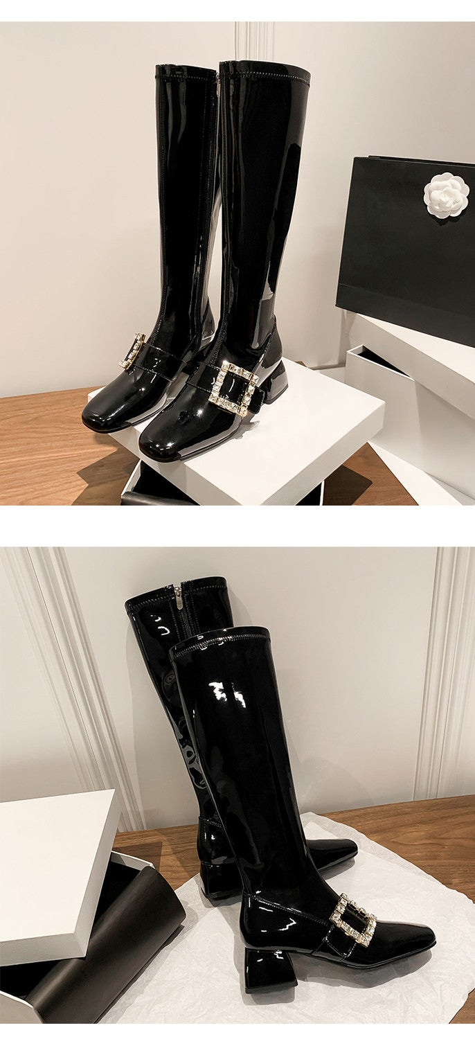 Karin Luna Elegant Style Ultra Slimming Rhinestone Chunky Heel British Style Riding Boots Long Boots