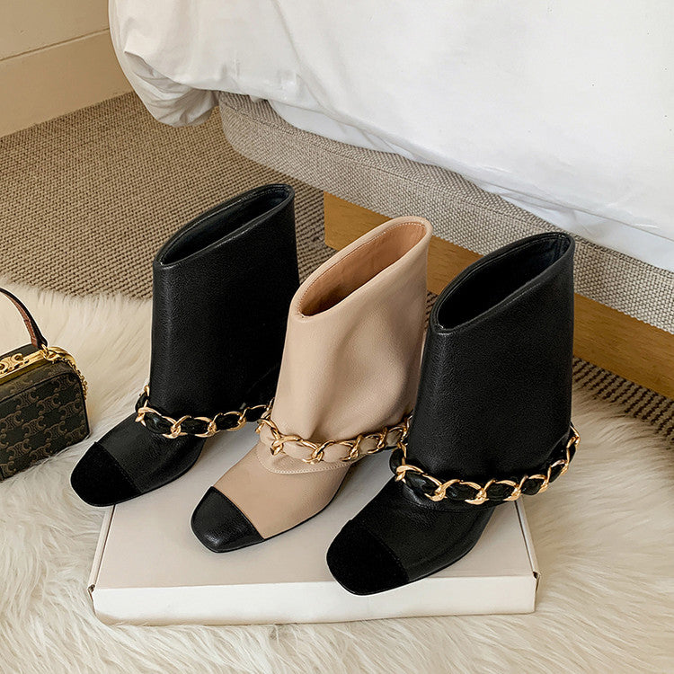 Karin Luna Classic Style Xiangjia Style Chunky Heel Chain Ankle Boots