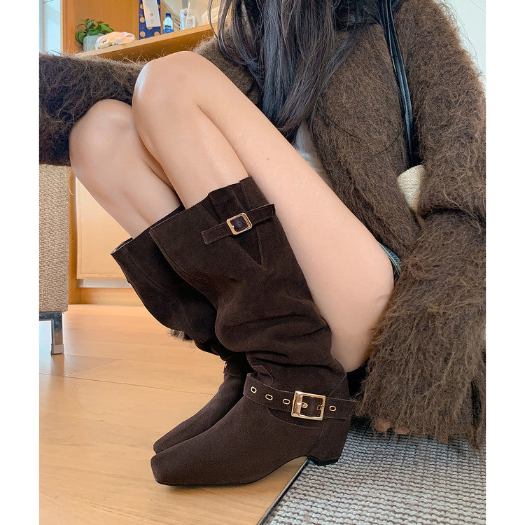 Karin Luna Data Model Belt Buckle Matte Square Toe Hidden Wedge Slouch Western Boots