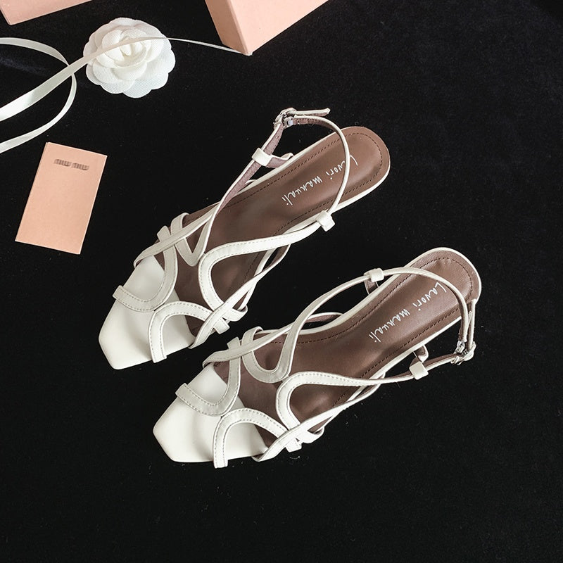 Karin Luna French Hollow Style Small Square Toe Chunky Heel Sandals
