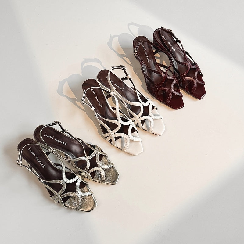 Karin Luna French Hollow Style Small Square Toe Chunky Heel Sandals