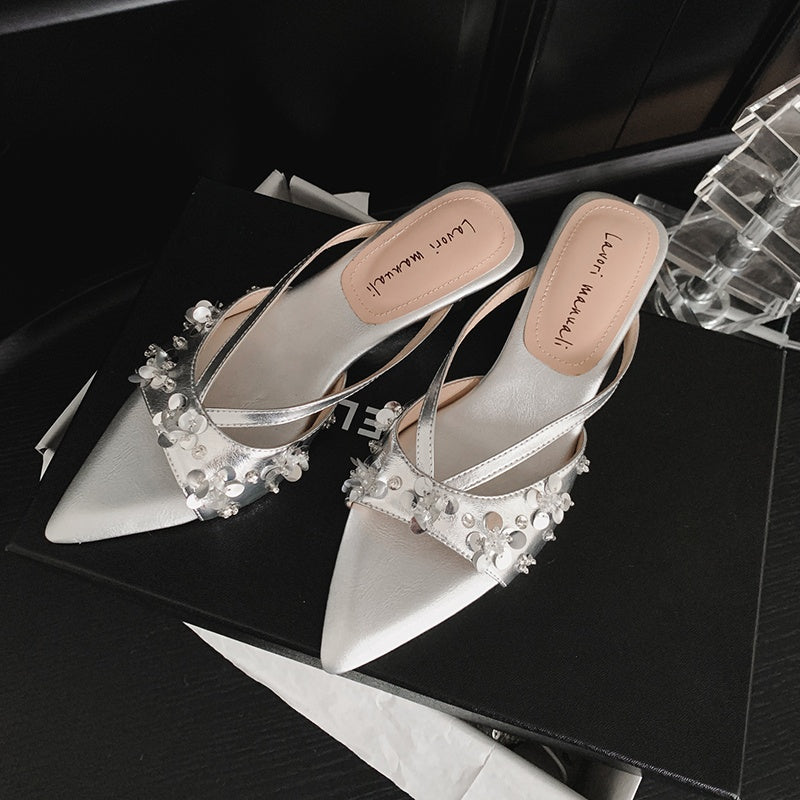 Karin Luna Bestseller Sequin Elements Elegant Pointed Toe Irregular Heel Slippers