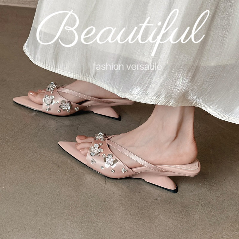 Karin Luna Bestseller Sequin Elements Elegant Pointed Toe Irregular Heel Slippers