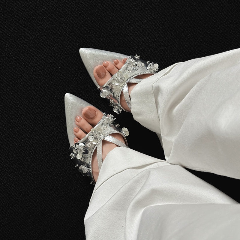 Karin Luna Bestseller Sequin Elements Elegant Pointed Toe Irregular Heel Slippers