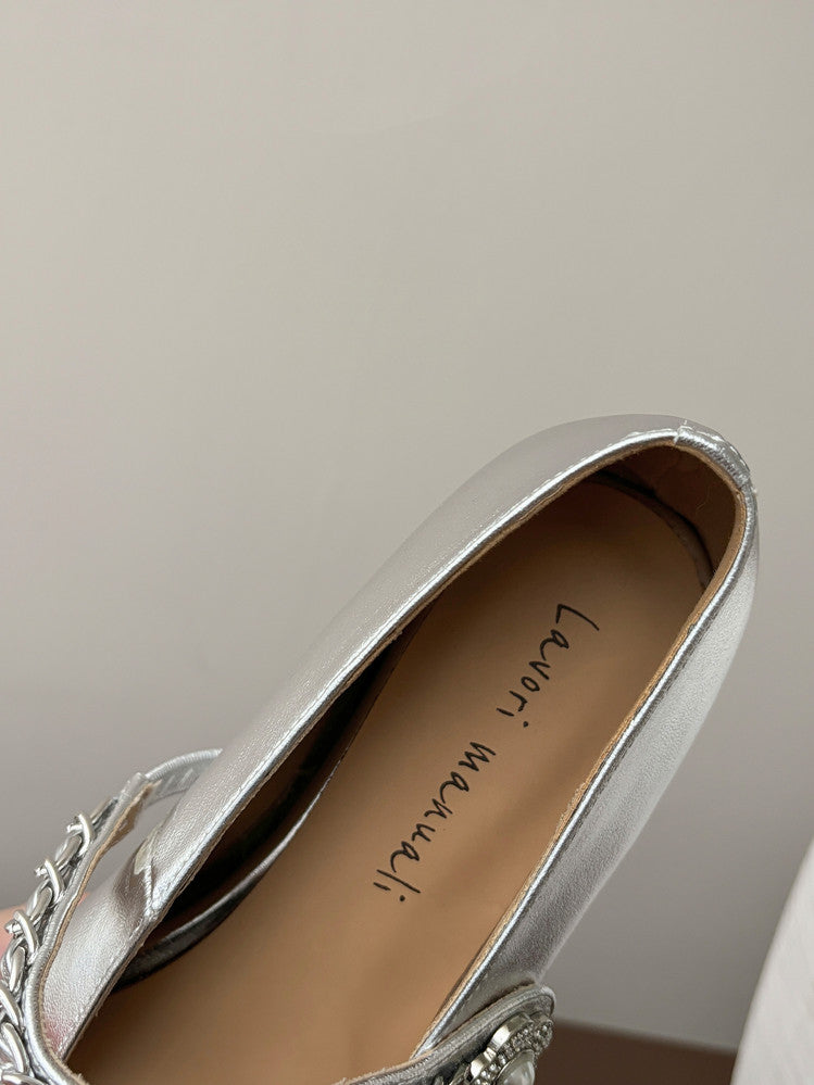 Karin Luna In Stock In Stock ~Metal One-Strap Pearl Small Square Toe Height-Increasing Flats