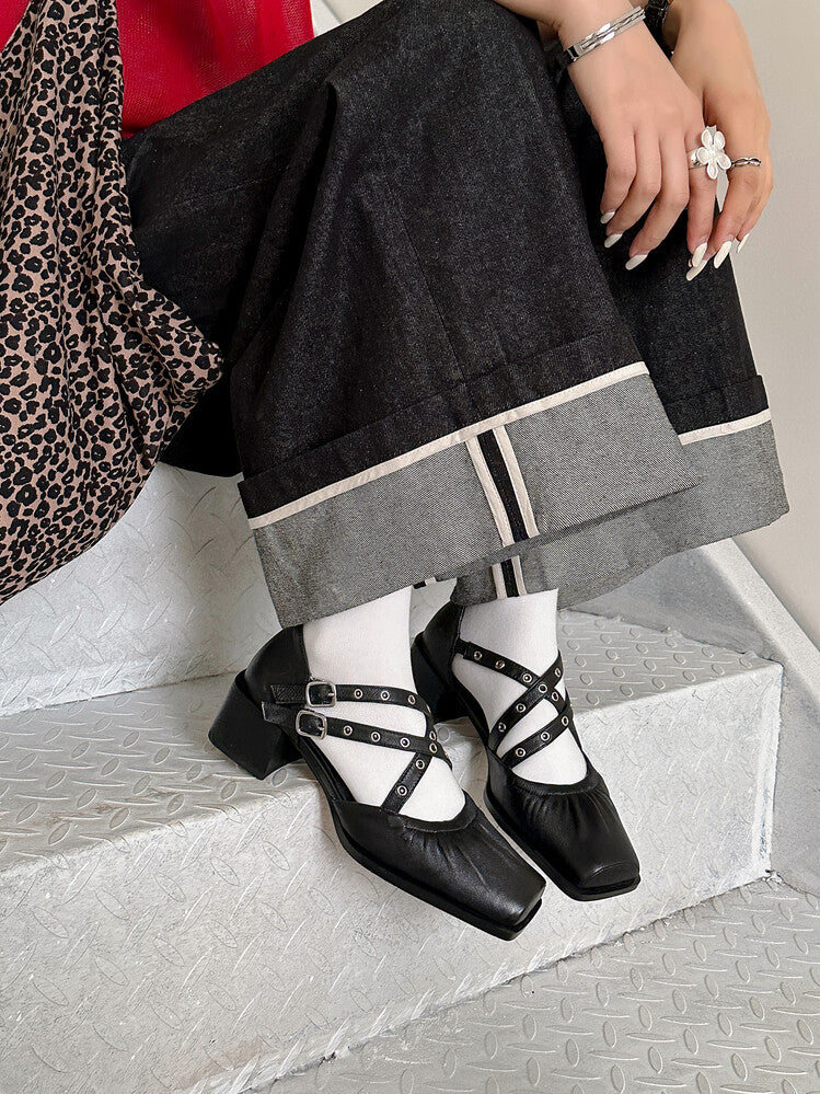 Karin Luna In Stock Spot Goods First Layer Sheepskin Cross Strap Rivet Square Toe Mary Jane Sandals
