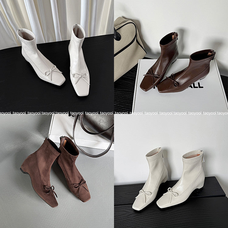 Karin Luna French Style Square Toe Bowknot Hidden Wedge Slim Boots