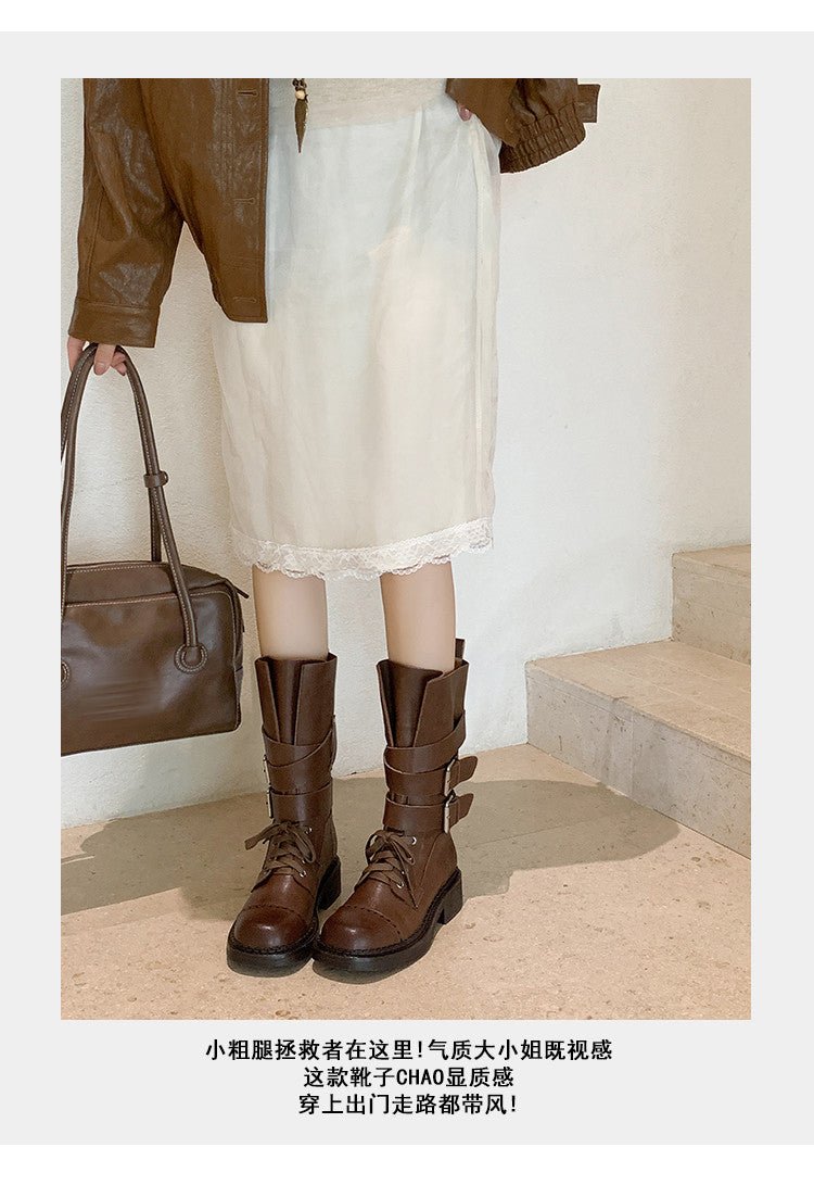 Karin Luna Bestseller Hot-Selling Large Tube Leather Belt Buckle Round Toe Thick-Soled Short Boots