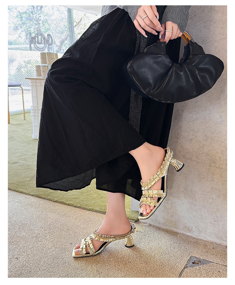 Karin Luna In Stock  Spot Goods  Unique Square-Toe Pleated Lace Sandals