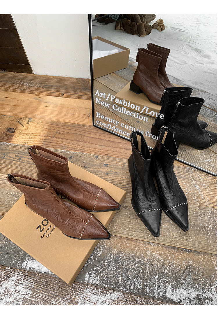 Karin Luna In Stock In Stock Slim Boots Series~Pointed Toe Rivet Slim Short Boots