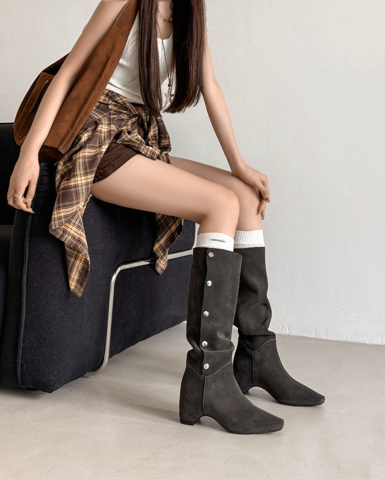 Karin Luna Bestseller Hot-Selling Hidden Buckle Lazy Style Square-Toe Height-Increasing Suede Western Boots