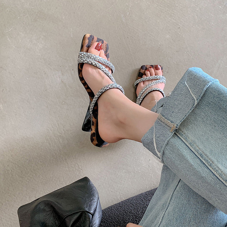 Karin Luna In Stock Spot Goods  Rhinestone One-Strap Irregular Heel Square-Toe Slippers