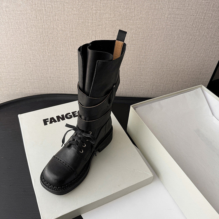 Karin Luna Bestseller Hot-Selling Large Tube Leather Belt Buckle Round Toe Thick-Soled Short Boots