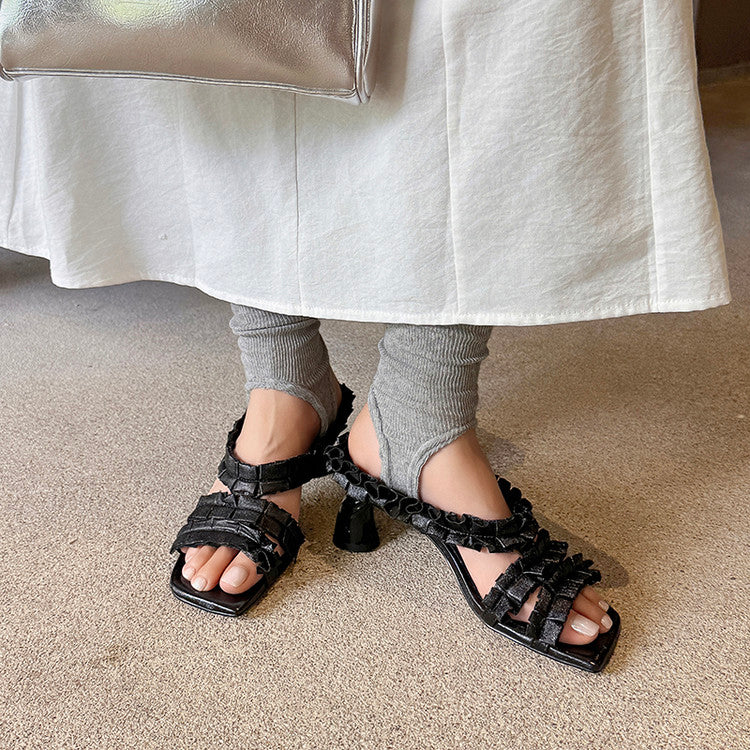 Karin Luna In Stock  Spot Goods  Unique Square-Toe Pleated Lace Sandals