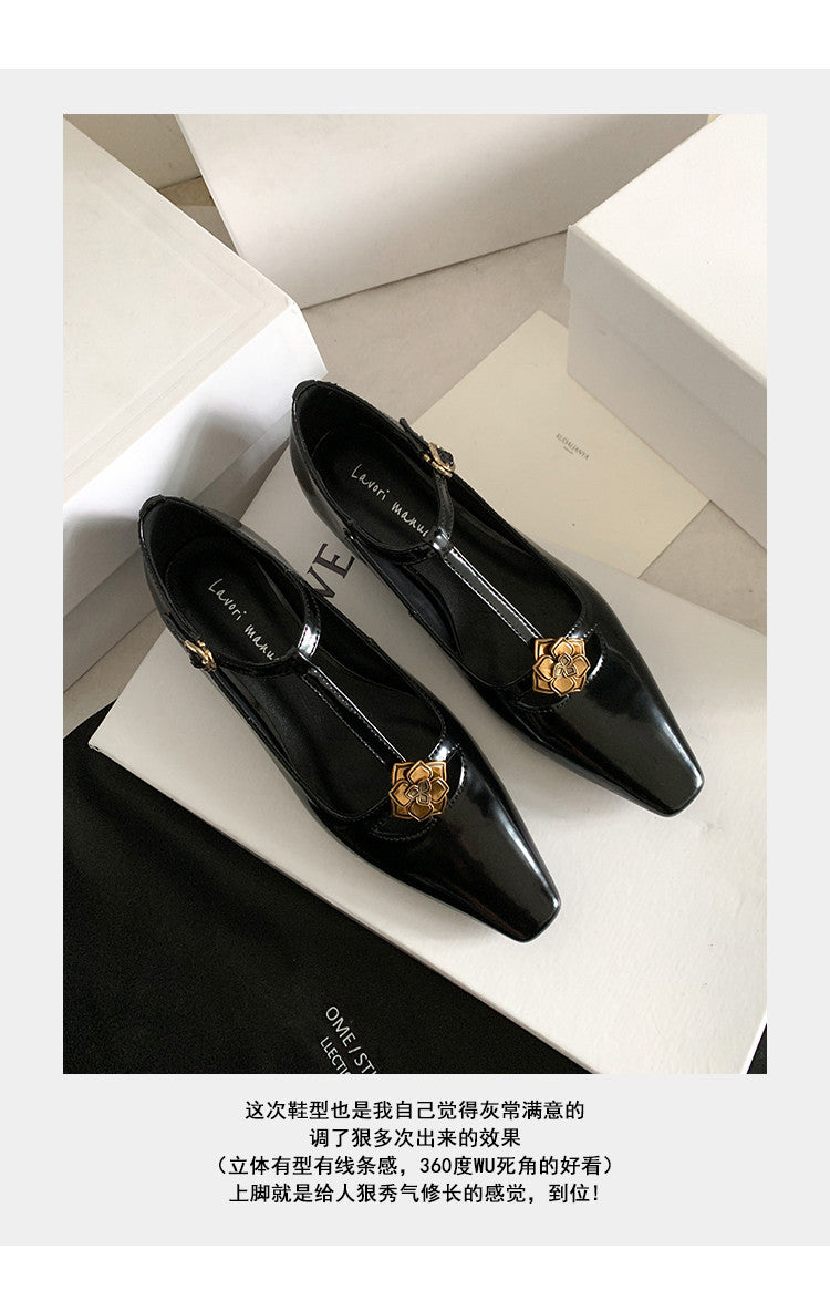 Karin Luna In Stock Spot Goods    Retro Classic Metal Camellia Irregular Heel Single Shoes