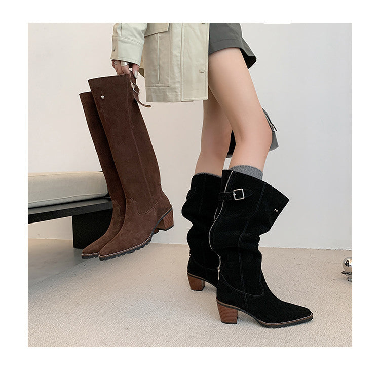 Karin Luna In Stock Spot Goods Retro Cowhide Leather Chunky Heel Suede Long Boots