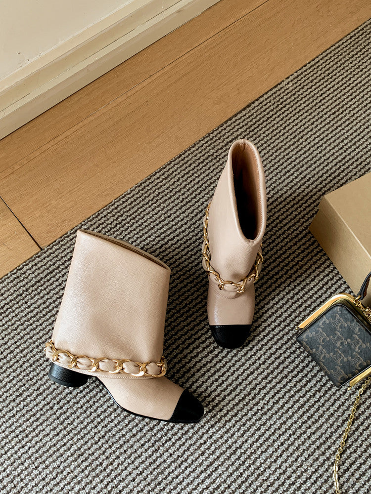 Karin Luna Classic Style Xiangjia Style Chunky Heel Chain Ankle Boots