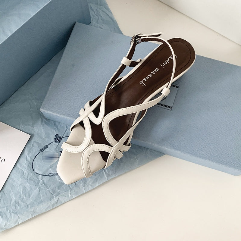 Karin Luna French Hollow Style Small Square Toe Chunky Heel Sandals
