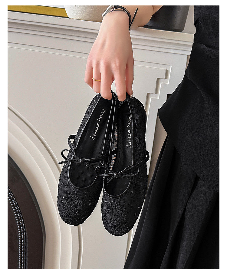 Karin Luna In Stock Spot Goods  Summer Breathable Retro Embroidered Bow Granny Shoes