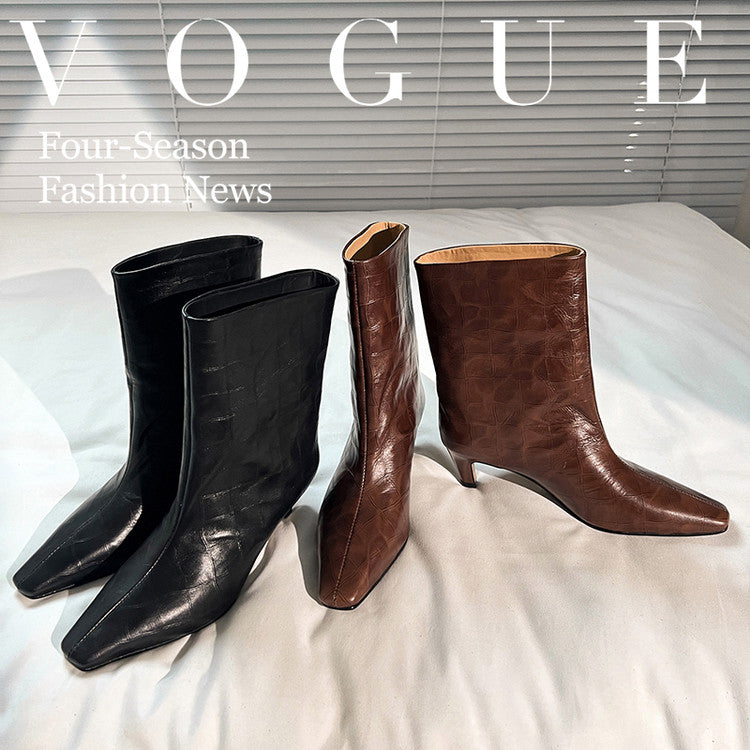 Karin Luna In Stock Spot Goods Top Layer Stone Pattern Cowhide Textured Small Square Toe Straight Short Boots