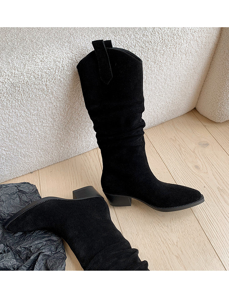 Karin Luna Elegant Style  Pointed Toe Wrinkled Wide Western Boots